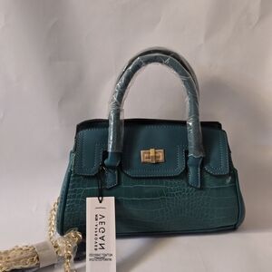 Teal Croc-Embossed Satchel Handbag with Gold Chain